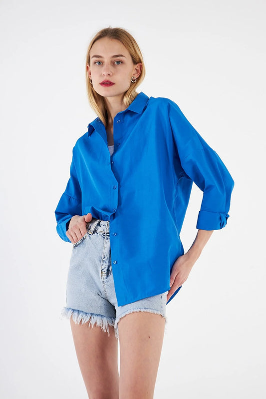 Kadın Saks Mavi Oversize Uzun Basic Gömlek