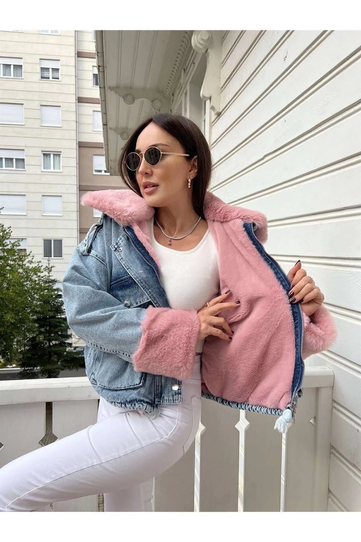 Kadın Pembe Kürklü Denim Kadın Mont