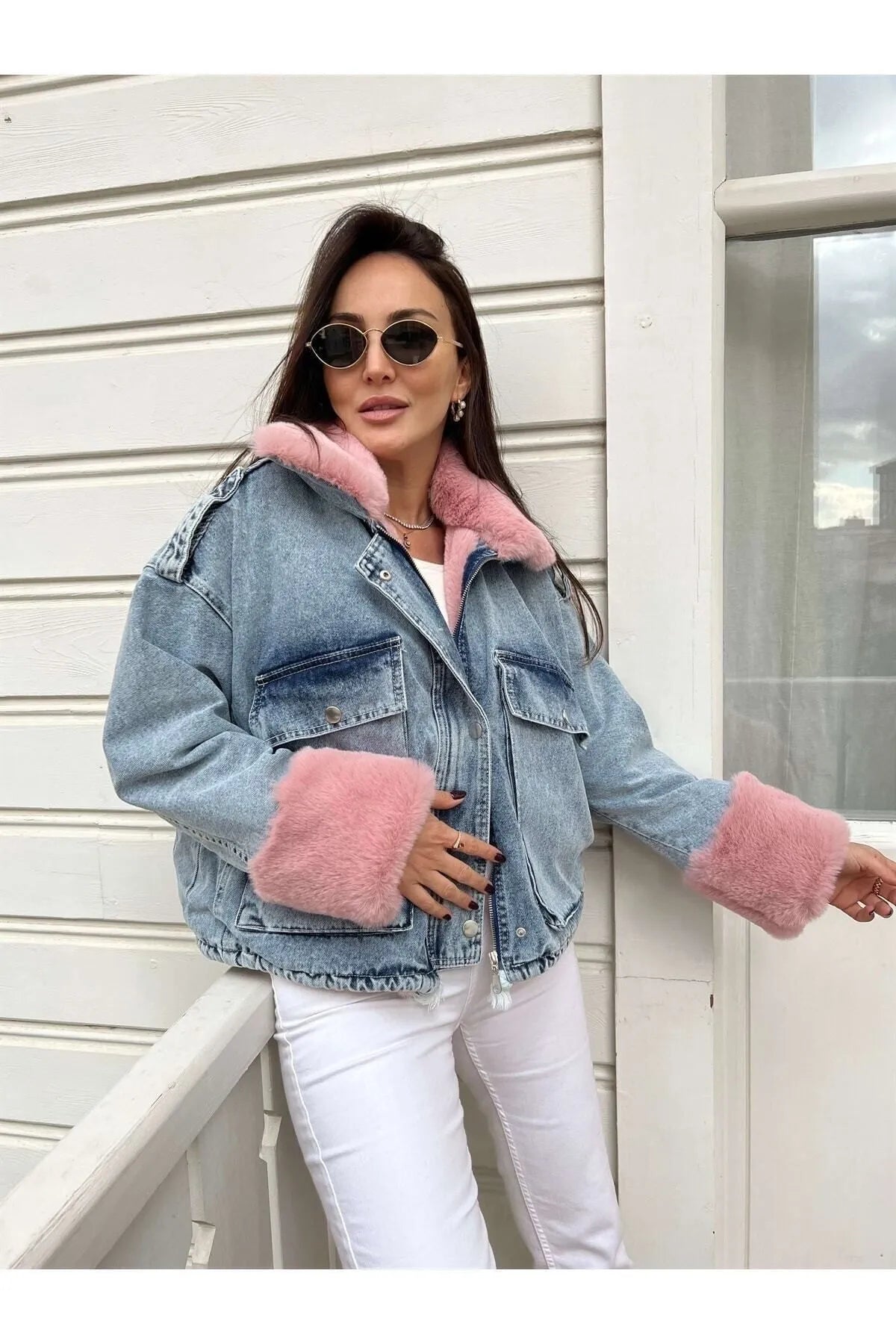 Kadın Pembe Kürklü Denim Kadın Mont